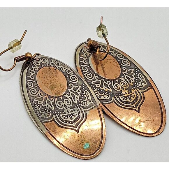 Bohemian Copper and Silvertone Dangle Drop Earrings 2.5 in - Picture 1 of 2